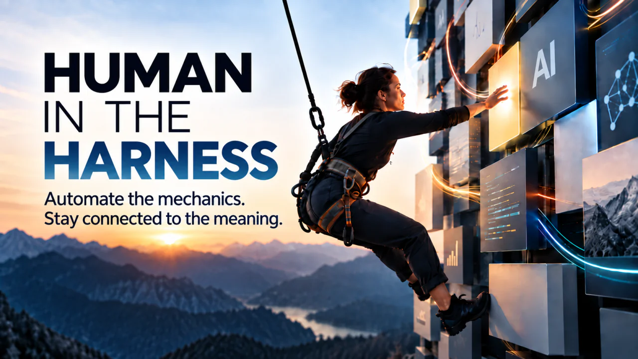 A climber in a harness, suspended above a mountain range at sunrise, reaching into a wall of AI interface panels.